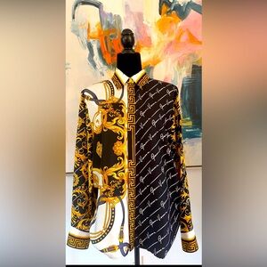 Versace button down shirt / top. Medusa. Black/white/gold. NWT 100% silk.